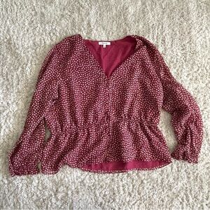 Red floral v neck button peplum blouse